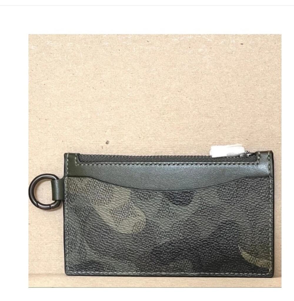 Coach CZ010 Green Camo Signature Canvas Zip Card Case Wallet